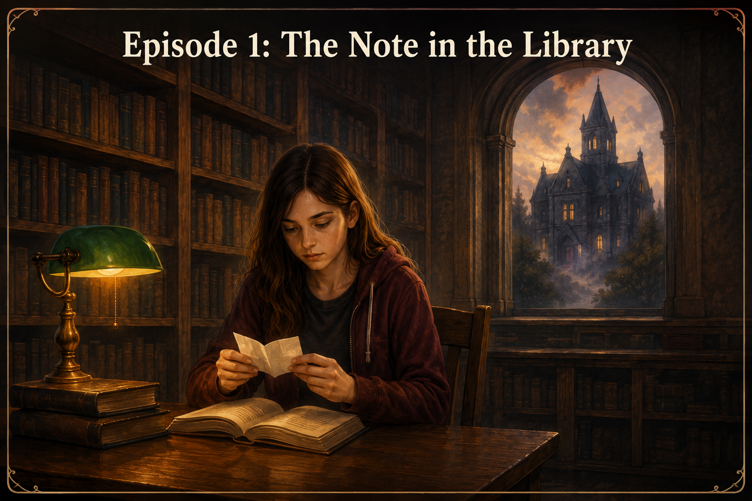 Maya reading a mysterious note in an old library